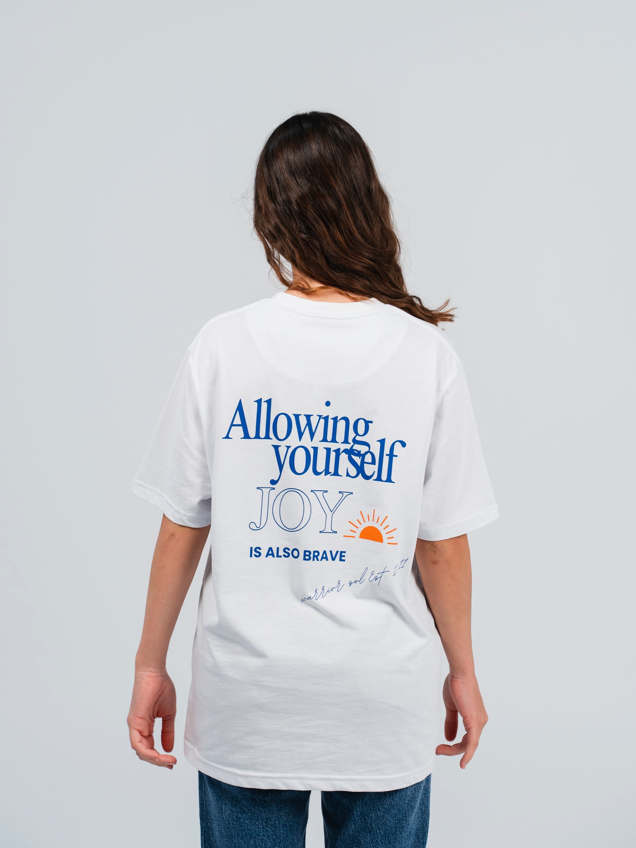 Warrior Sol Allowing Joy T-Shirt in Snow White | cancer support apparel