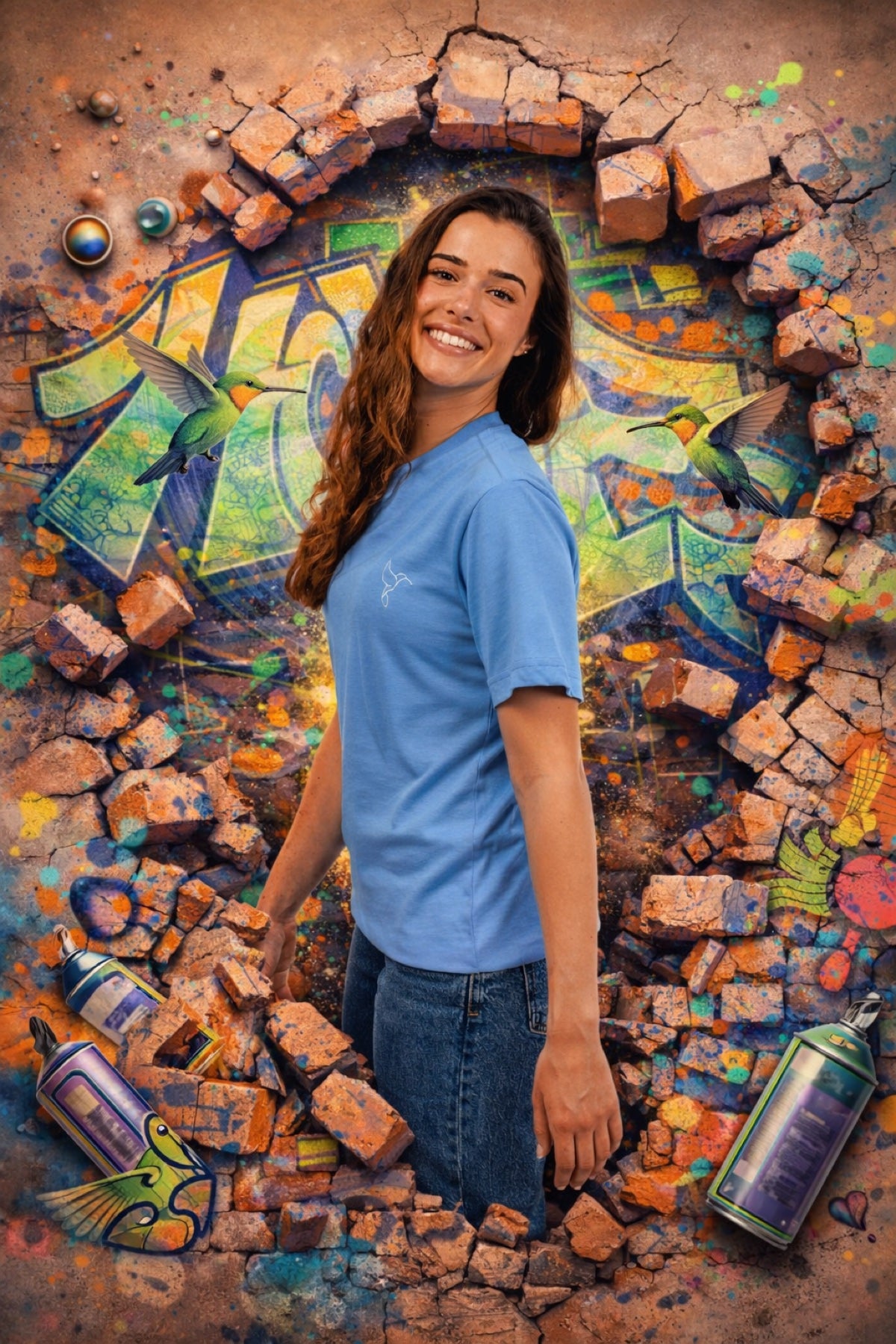 Warrior Sol Sky Blue Everyday T-Shirt campaign photo breaking through HOPE graffiti brick wall with hummingbirds and spray cans