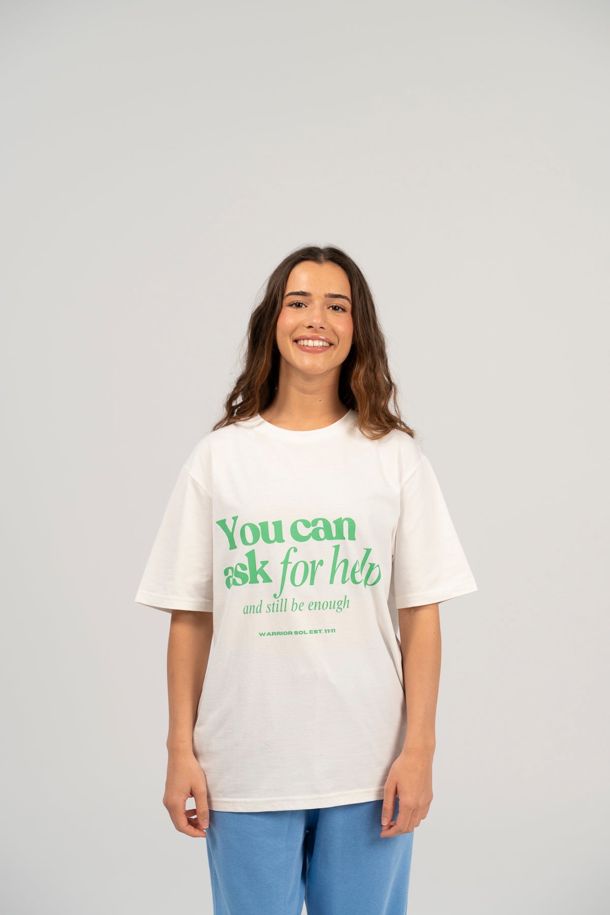 Warrior Sol Asking For Help T-Shirt - lifestyle photo | mission-driven cancer support apparel