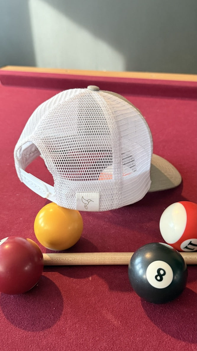 Warrior Sol Hummingbird Sunrise 6-panel trucker hat, Moon + Snow colorway, back mesh view
