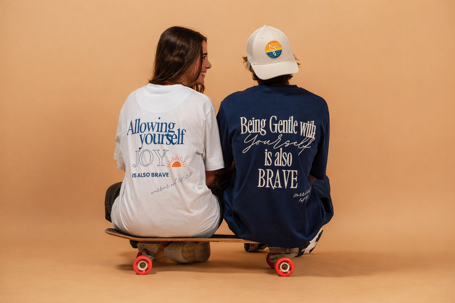Being Gentle tees on the skateboard